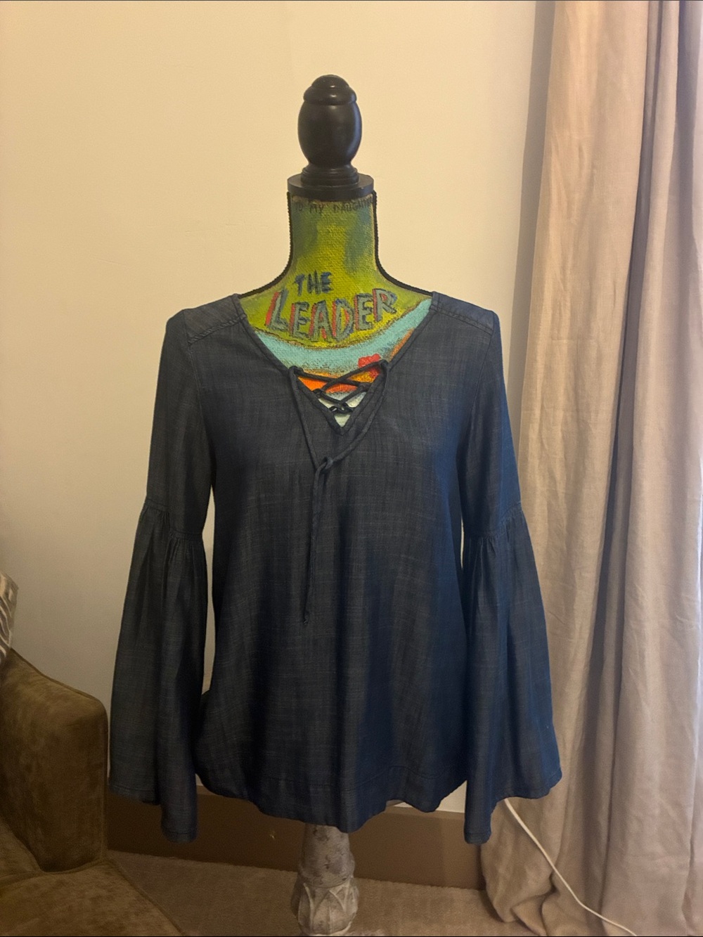 Sanctuary Dark Blue Lace-Up Bell Sleeve Blouse